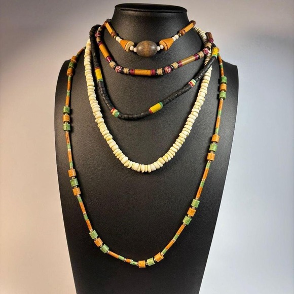Jewelry - Necklace collection of vintage boho pieces with wood and shell beads